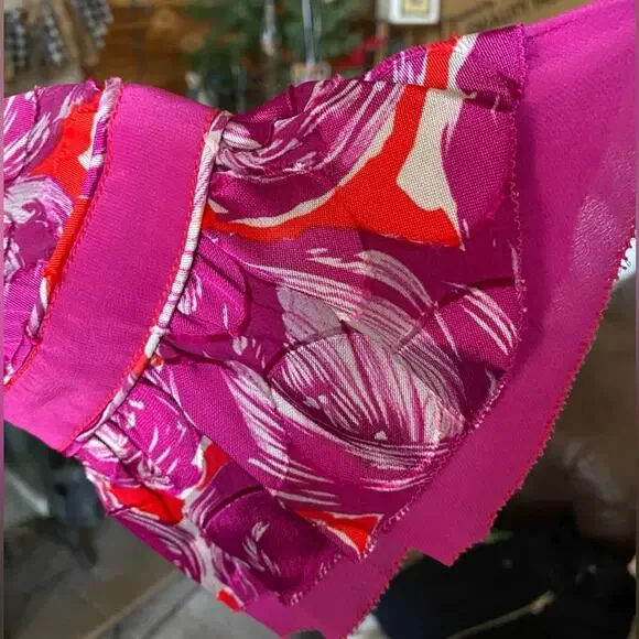 Tory Burch Sz 4 Gwenna Deep Pink Floral Keyhole Oval Ruffled front Tie front - Picture 5 of 14